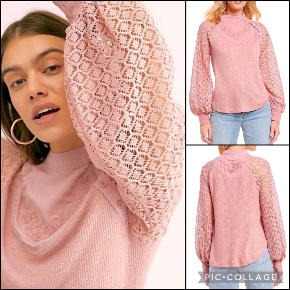 Free People Dusty Rose Embroidered Crochet Lace Waffle Knit Thermal Blouse Top - Picture 3 of 9